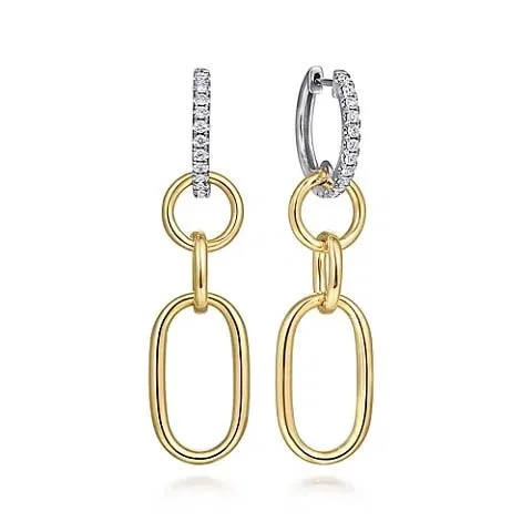 Women's birthstone earrings-Gabriel & Co. Diamond Huggie Earrings with Hollow Tube Links in 14K White and Yellow Gold