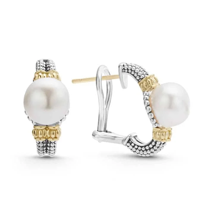 Affordable women's earrings-LAGOS Luna Pearl Omega Clip Earrings in Sterling Silver and 18K Yellow Gold