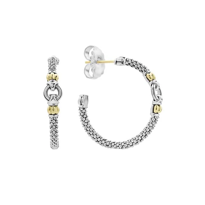 Women's birthstone earrings-LAGOS 28MM Caviar Link Station Hoop Earrings in Sterling Silver and 18K Yellow Gold