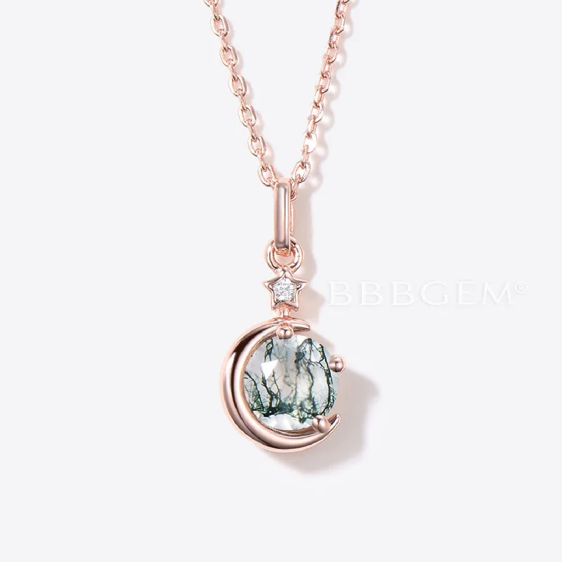 Women's heart-shaped necklaces-Moon Star Moss Agate Pendant Rose Gold Round Green Moss Charm Necklace