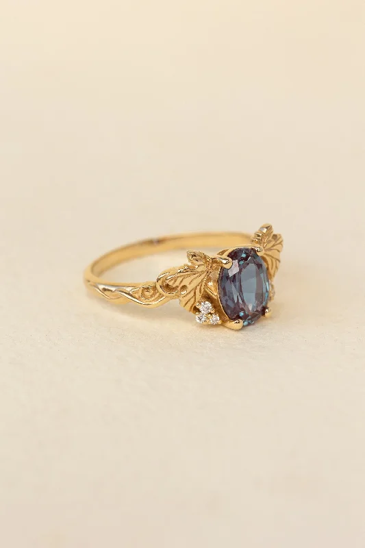 Trendy women's rings-READY TO SHIP: Vineyard in 14K yellow gold, oval cut lab alexandrite 8x6 mm, lab grown diamonds, AVAILABLE RING SIZES: 5.5 - 8.5 US