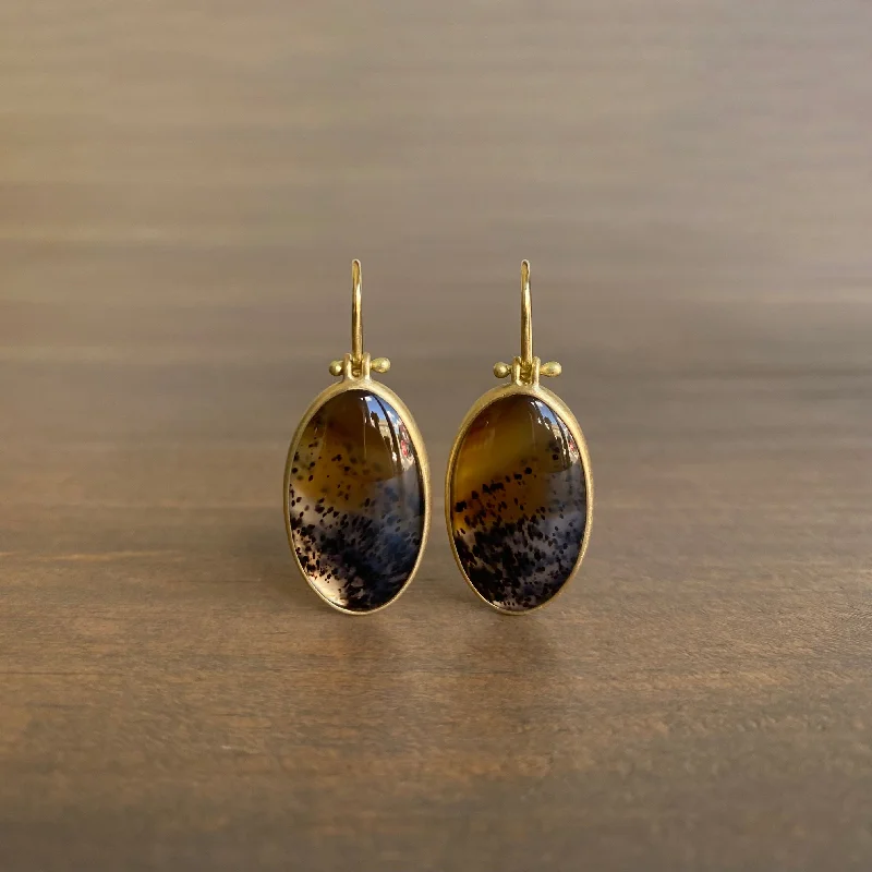 Women's K gold earrings-Oval Montana Agate Earrings