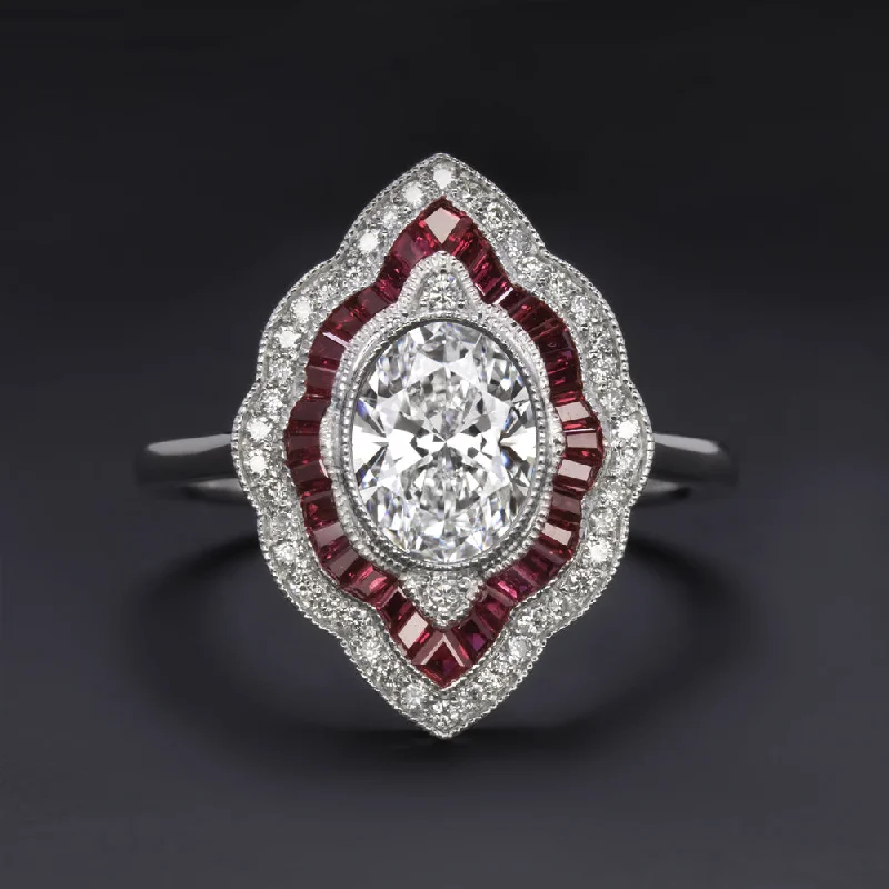 Women's spiritual rings-LAB CREATED DIAMOND RUBY COCKTAIL RING VINTAGE STYLE DOUBLE HALO OVAL ART DECO