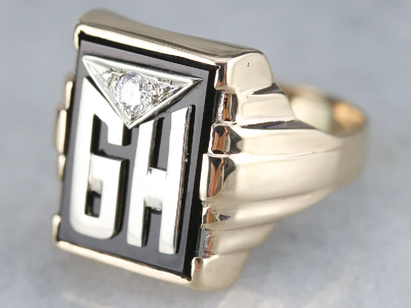 Women's Buddha rings-Men's "GH" Monogrammed Diamond and Onyx Ring