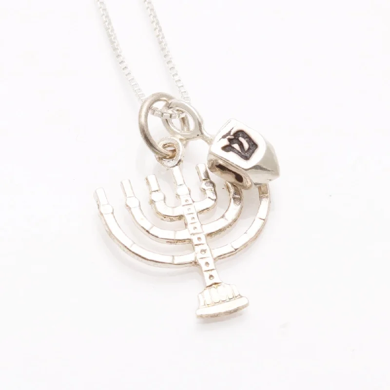 Women's statement necklaces-Sterling Silver Hanukkah Menorah Dreidel Necklace