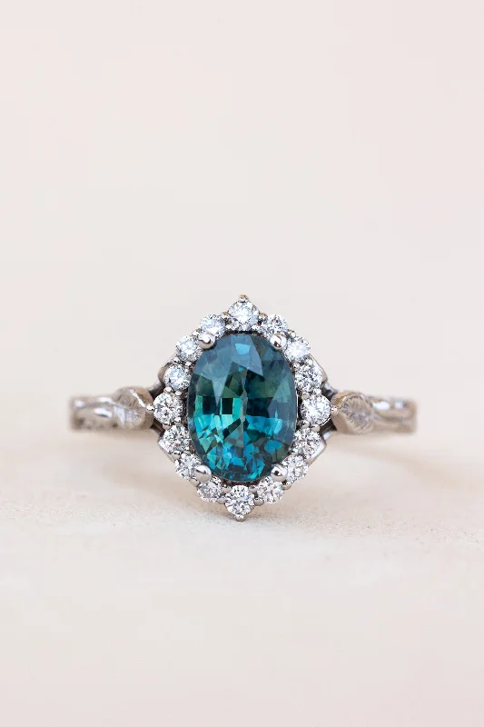 Women's sizeable rings-READY TO SHIP: Florentina ring in 14K white gold, natural teal sapphire oval cut 8x6 mm, accent lab grown diamonds, RING SIZE: 4.5 - 7.5 US