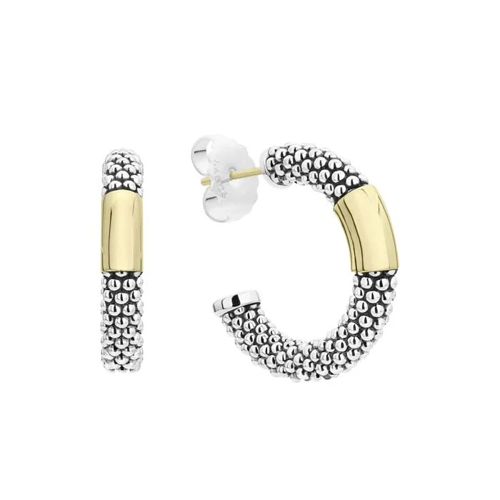 Women's leather earrings-LAGOS High Bar Hoop Caviar Earrings in Sterling Silver and 18K Yellow Gold