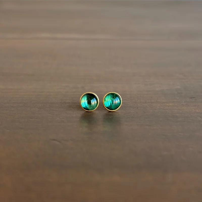 Women's symbolic earrings-Round Bluegreen Tourmaline Cabochon Stud Earrings