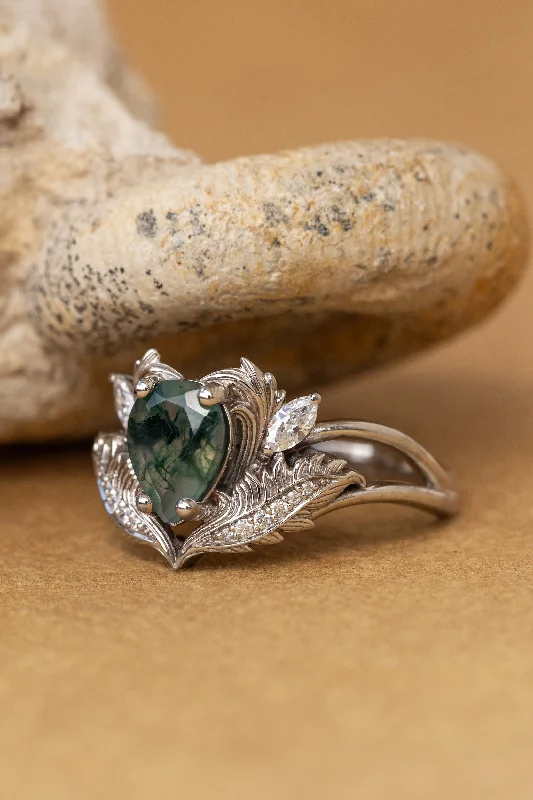 Custom women's rings-READY TO SHIP: Adonis ring in 14K white gold, pear cut moss agate, accent lab grown diamonds, RING SIZES: 4.5 - 8.75 US