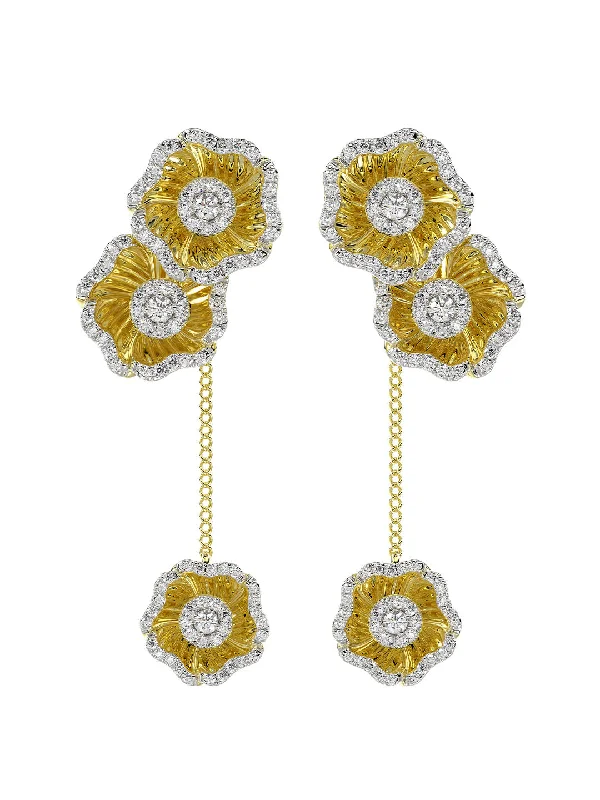 Women's titanium earrings-Halo Flower Yellow Gold Drop Earrings