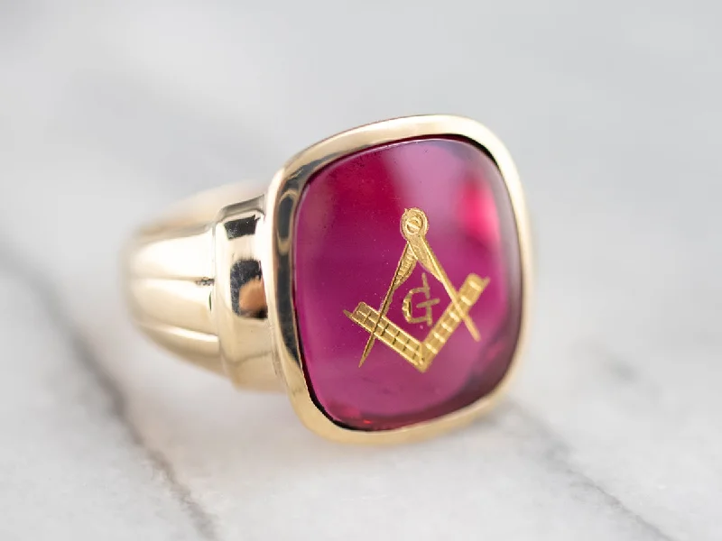 Women's party rings-Retro Men's Ruby Red Glass Masonic Ring