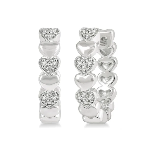 Women's birthstone rings-1/20 ctw Mini Hearts Round Cut Diamond Hoop Earring in Silver