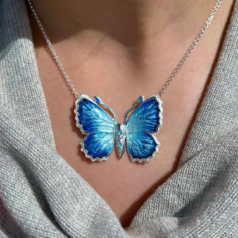 Women's sterling silver necklaces-Butterfly Sterling Silver and Enamel Necklace - ENX286-HOLLY