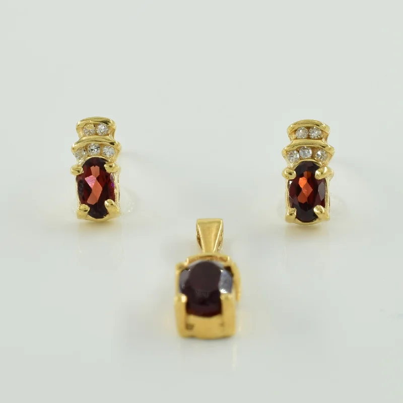 Women's casual rings-Garnet & Diamond Pendant & Earring Set | 0.90ctw, 0.07ctw |