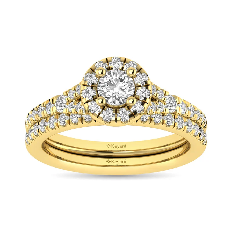 Modern women's rings-Diamond  Split Shank Single Halo Bridal Ring 1 ct tw Round Cut in 14K Yellow Gold