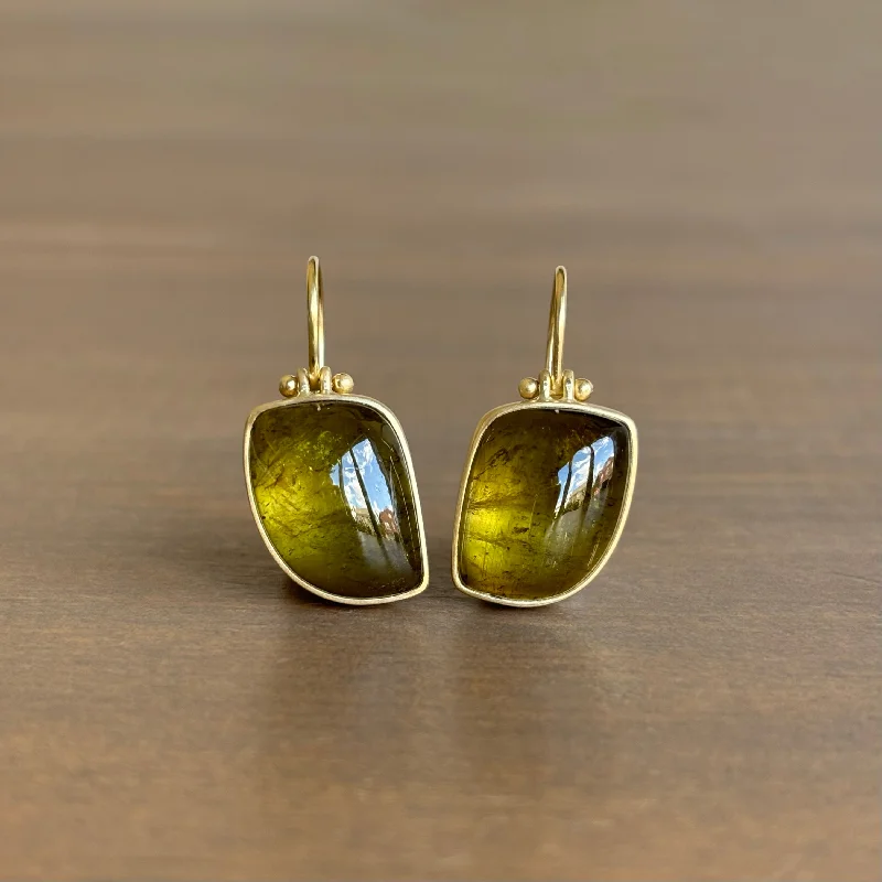 Women's healing crystal earrings-Olive Tourmaline Leaf Cabochon Earrings