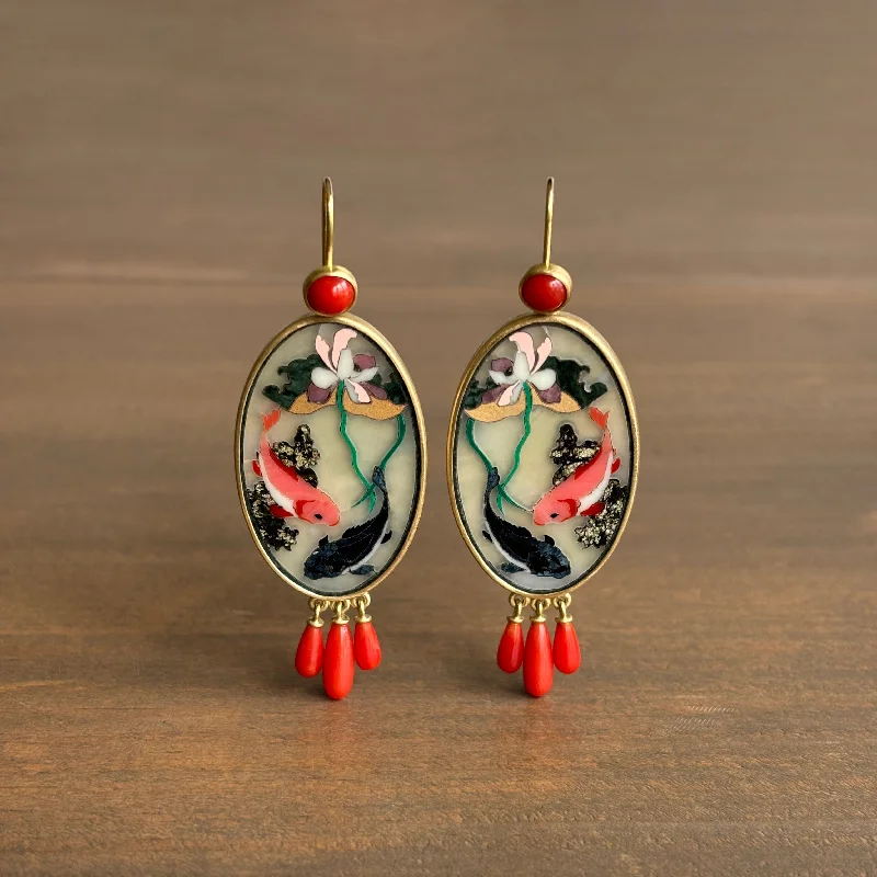 Women's sun earrings-Koi Intarsia Earrings with Coral Accents