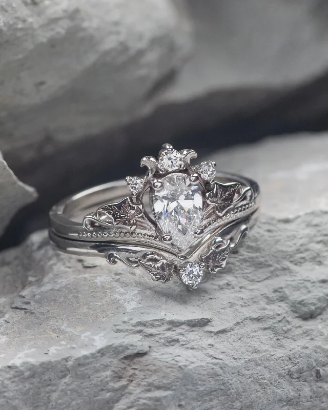 Women's limited edition rings-READY TO SHIP: Ariadne bridal set in 14K white gold, pear cut lab grown diamond 7x5 mm, accents lab grown diamonds, RING SIZE: 5.5 - 8.5 US US