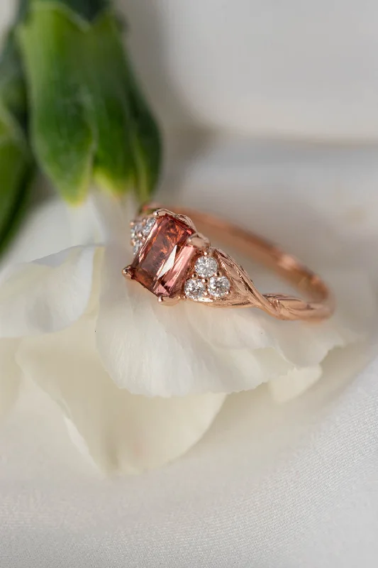 Women's charm rings-READY TO SHIP: Gloria ring in 14K rose gold, natural pink tourmaline emerald cut 7x5 mm, accents moissanites, AVAILABLE RING SIZES: 5.5 - 8.5 US