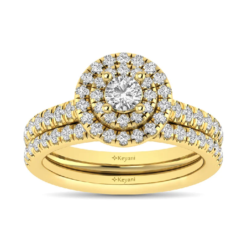 Women's sterling silver rings-Diamond Classic Shank Double Halo Bridal Ring 1 ct tw Round Cut in 14K Yellow Gold