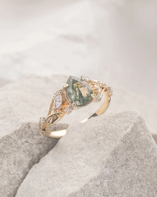 Women's elegant rings-READY TO SHIP: Patricia ring in 14K or 18K yellow gold, natural moss agate pear cut 8x6 mm, accent moissanites, AVAILABLE RING SIZES: 4 - 10 US