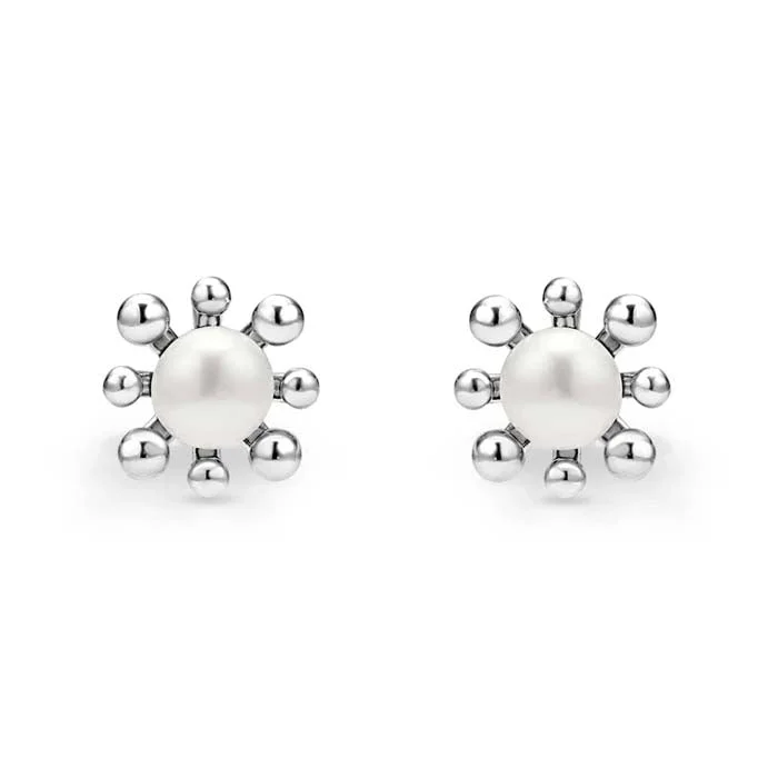 Women's statement earrings-LAGOS Luna Fleur Pearl Stud Earrings in Sterling Silver and 14K Yellow Gold