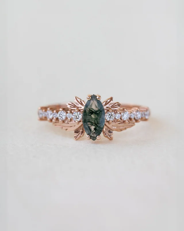 Women's investment rings-READY TO SHIP: Verbena ring in 14K rose gold, natural moss agate marquise cut 8x4 mm, accents lab grown diamonds, RING SIZE: 5.5 - 8.5 US