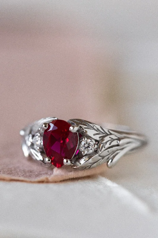 Women's family rings-READY TO SHIP: Wisteria ring in 14K white gold, lab ruby pear cut 7x5 mm, accent moissanites, AVAILABLE RING SIZES: 4 - 7 US