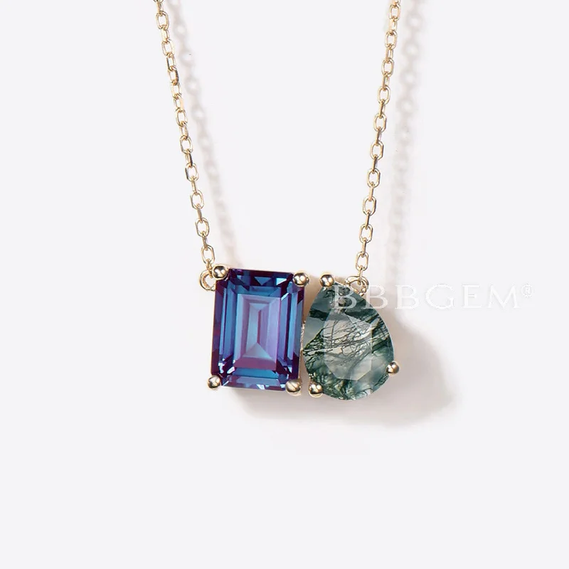 Women's leather necklaces-Emerald Cut Alexandrite Necklace Toi Et Moi Moss Agate Necklace