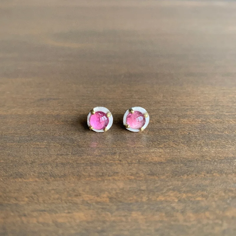 Women's silver earrings-Carved Prong Set Pink Tourmaline Studs