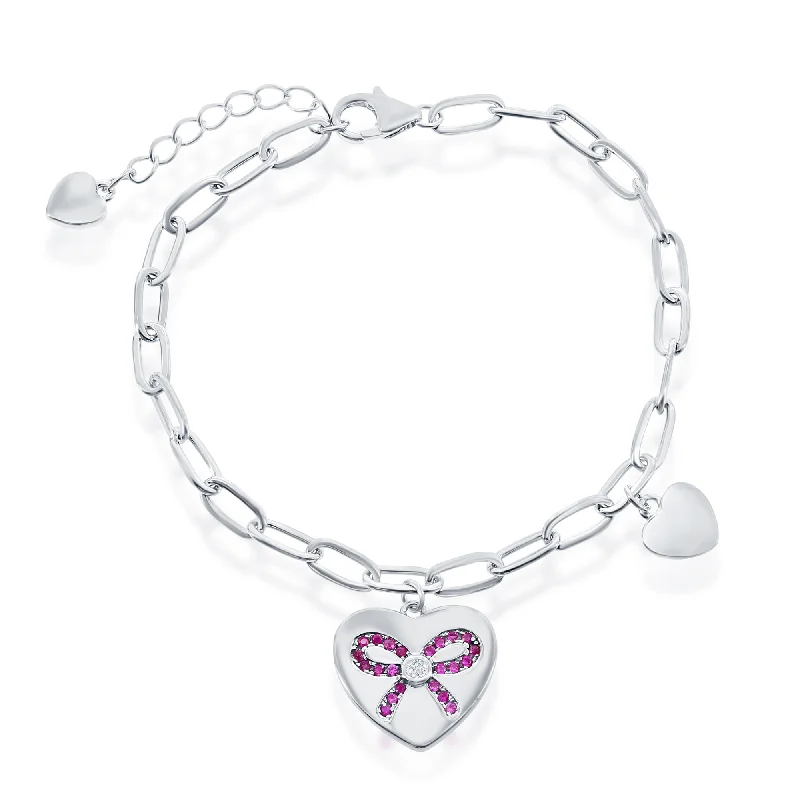 Women's fingerprint bangles-Sterling Silver Heart with Ruby CZ Ribbon Paperclip Bracelet