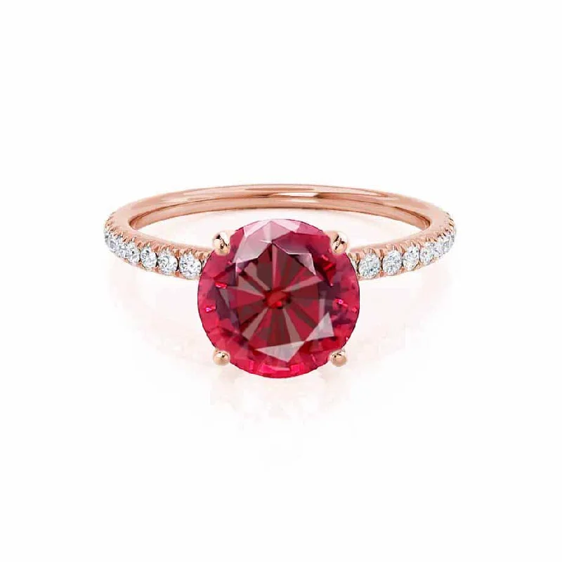 Women's friendship rings-MACY - Chatham® Round Ruby 18k Rose Gold Petite Pavé Shoulder Set Ring