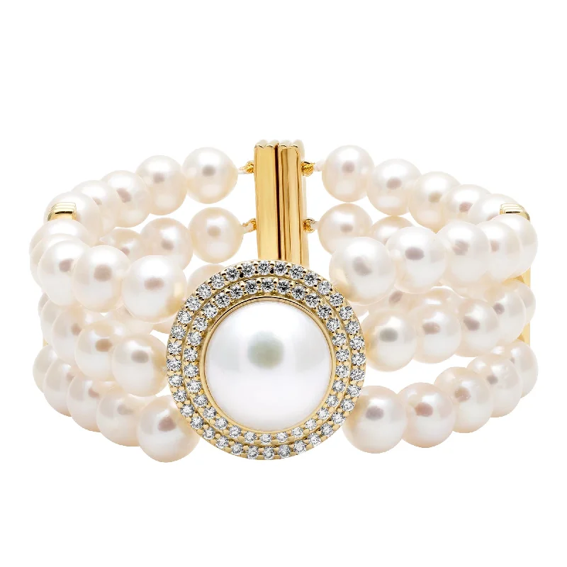 Women's rose gold bangles-Bracelet - Freshwater Pearl And Diamond (2396C)