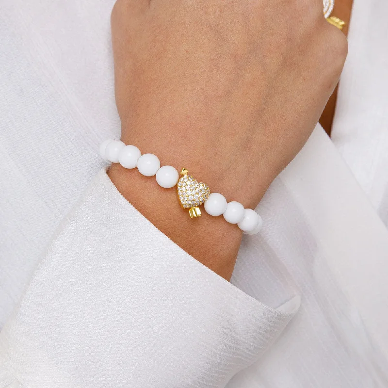 High-end women's bangles-Women's Diamond Heart Glossy White Beaded Bracelet