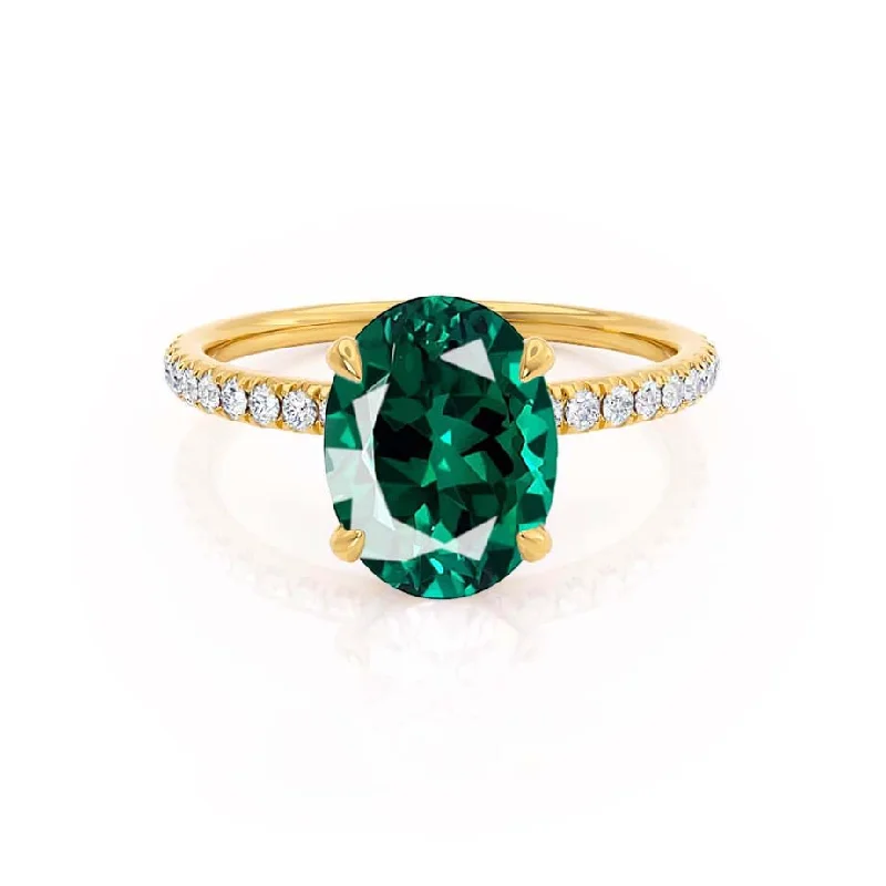 Women's elegant rings-LIVELY - Chatham® Oval Emerald 18k Yellow Gold Petite Hidden Halo Pavé Shoulder Set Ring