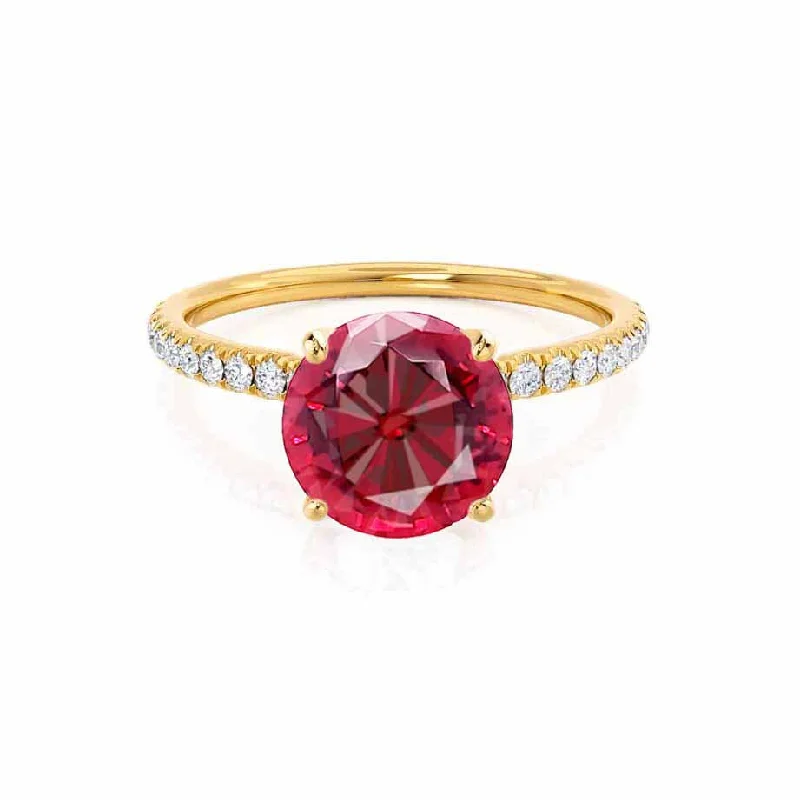 Women's mother-daughter rings-MACY - Chatham® Round Ruby 18k Yellow Gold Petite Pavé Shoulder Set Ring