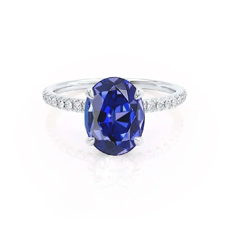 Women's travel rings-LIVELY - Chatham® Oval Blue Sapphire 950 Platinum Petite Hidden Halo Pavé Shoulder Set Ring