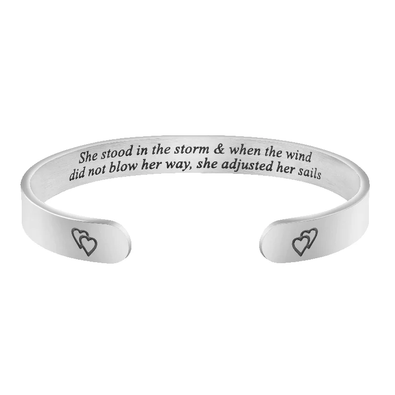 Women's statement bangles-She Stood in the Storm Wide Hidden Message Cuff Bracelets