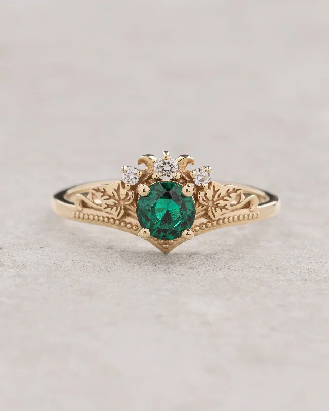 Women's jade rings-Vivid lab grown emerald engagement ring with golden ivy leaves / Ariadne