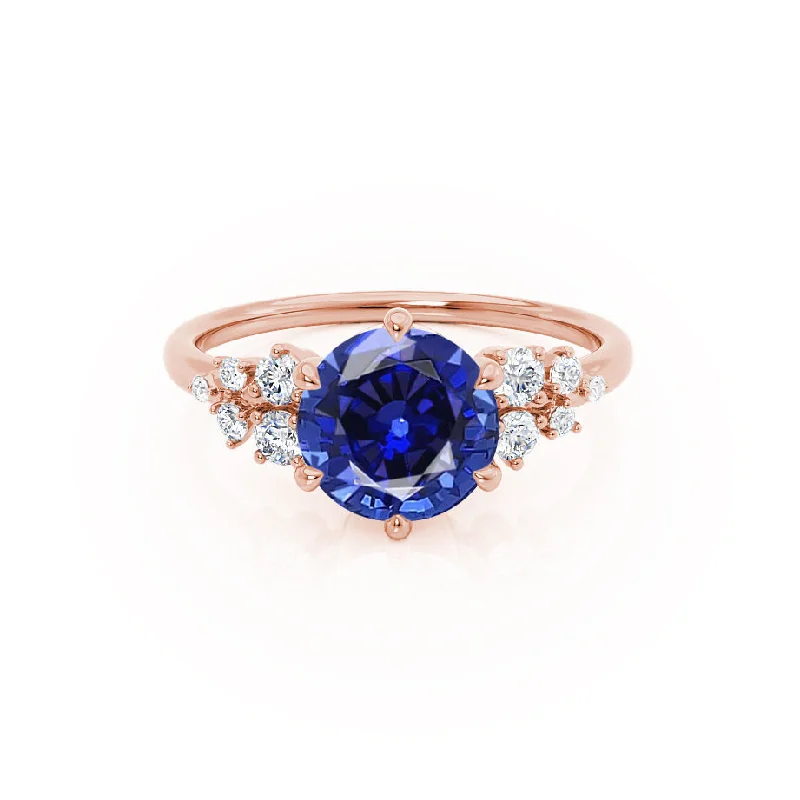 Women's sapphire rings-ALYA - Chatham® Round Blue Sapphire Starburst Cluster Shoulder Set Engagement Ring 18k Rose Gold