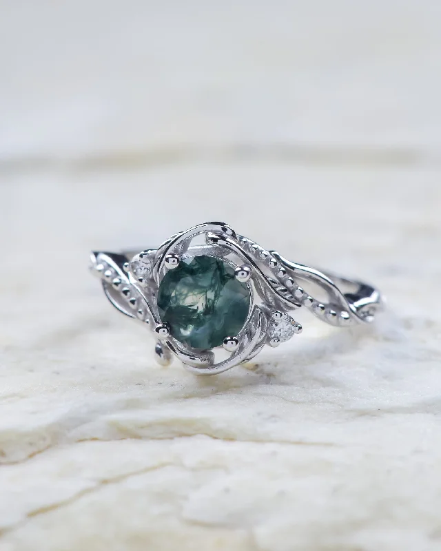 Women's luxury gift rings-READY TO SHIP: Undina in 14K white gold, natural moss agate, 6.5 mm, lab grown diamonds, AVAILABLE RING SIZES: 5.5 - 8.5 US