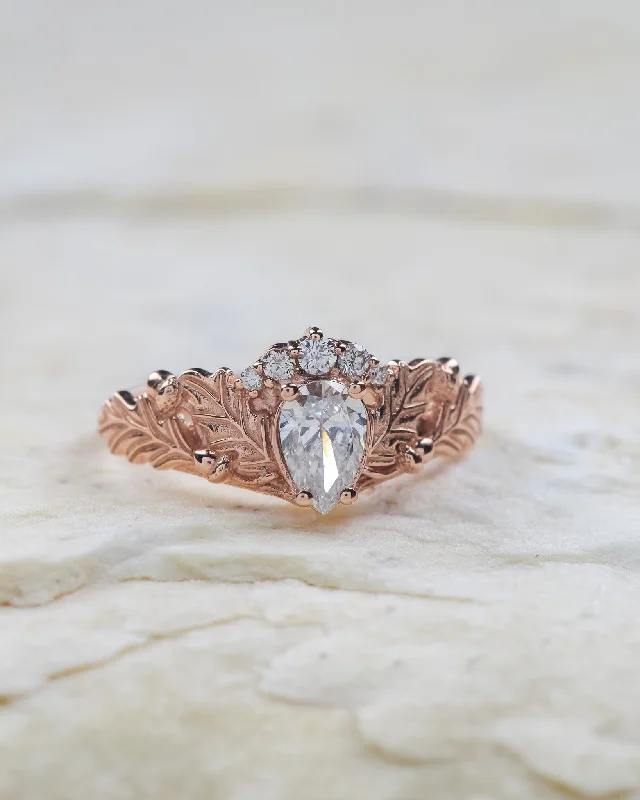 Designer women's rings-READY TO SHIP: Royal oak ring in 14K rose gold, lab diamond pear cut 7x5 mm, accent natural diamonds, AVAILABLE RING SIZES: 5.5 - 8.5 US