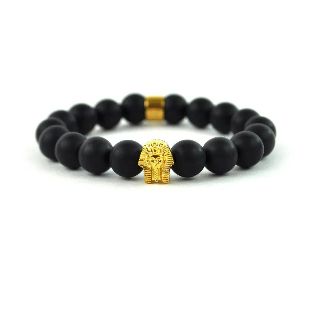 Women's symbolic bangles-Black Matte Pharaoh Head Beaded Bracelet