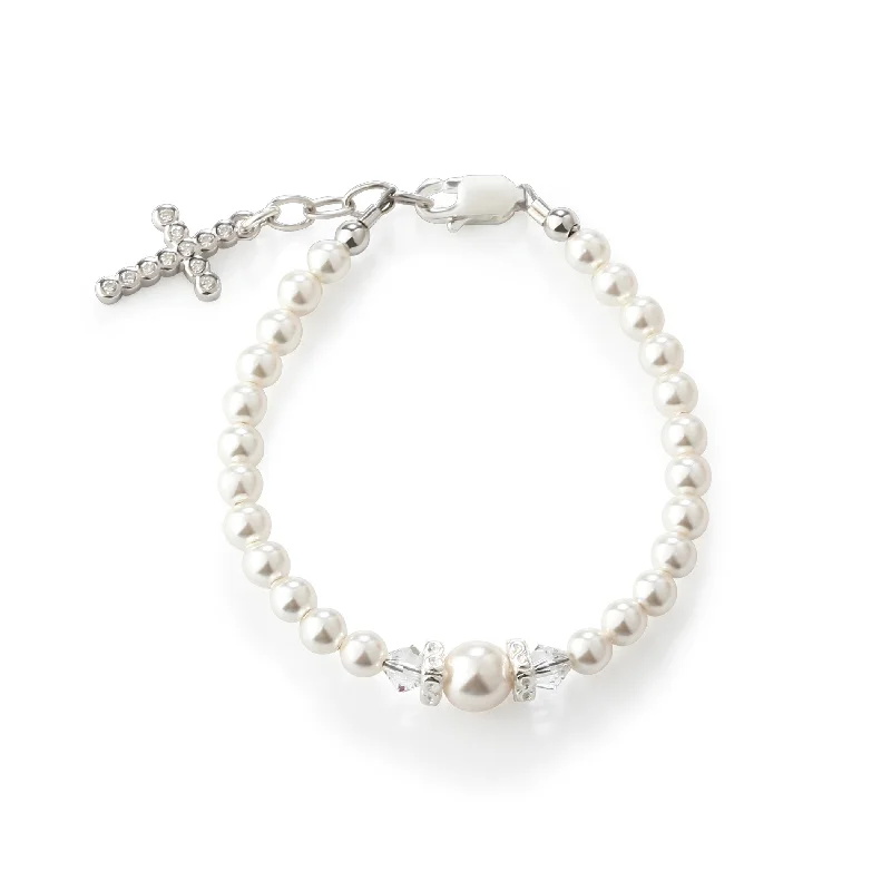 Women's gift bangles-Sterling Silver Simulated Pearl Cross Bracelet for Baby Baptism or Communion