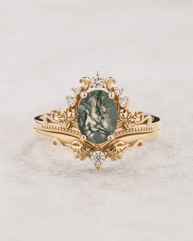 Women's platinum rings-Oval moss agate engagement ring with ivy leaves and a matching wedding band / Ariadne