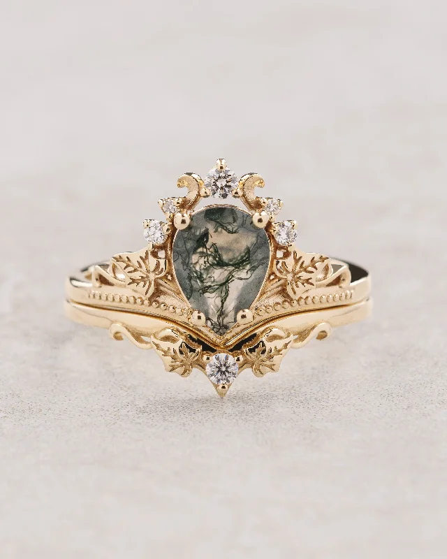 Women's sapphire rings-Pear cut moss agate bridal ring set, gold ivy engagement ring set / Ariadne