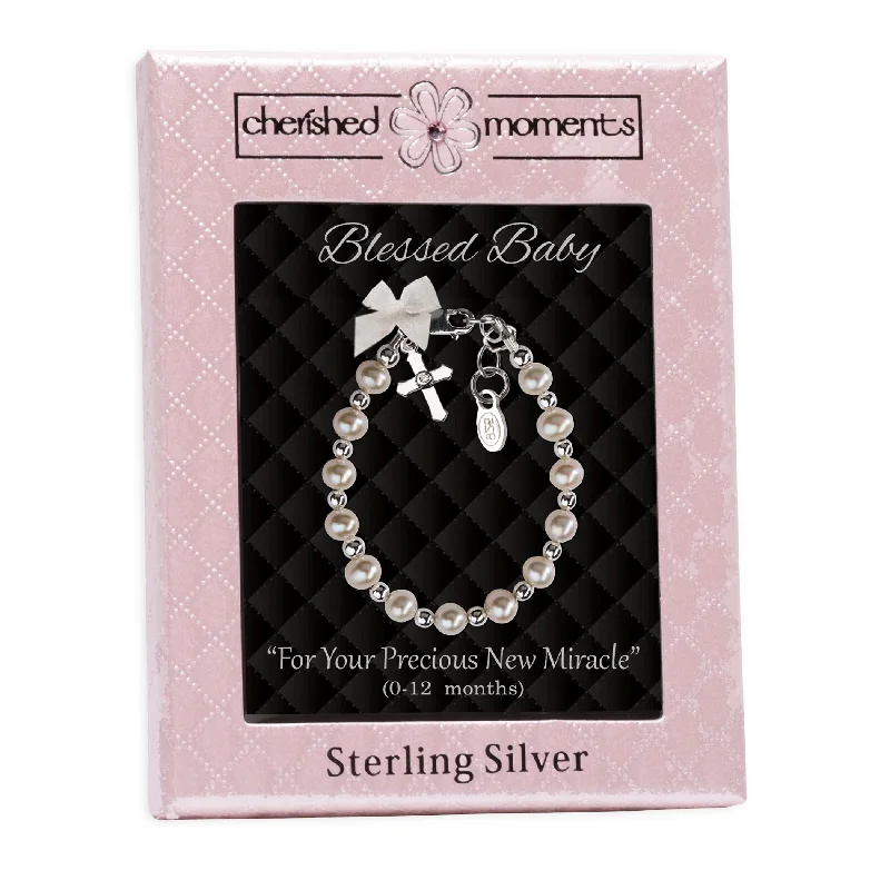 Women's silver bangles-Sterling Silver Pearl Cross Baptism, Christening or Dedication Bracelet for Baby Girl