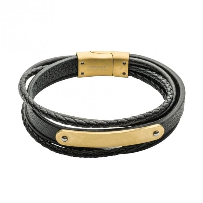 Women's crystal bangles-Reborn Black Leather Gold Plated ID 22cm Bracelet B5437