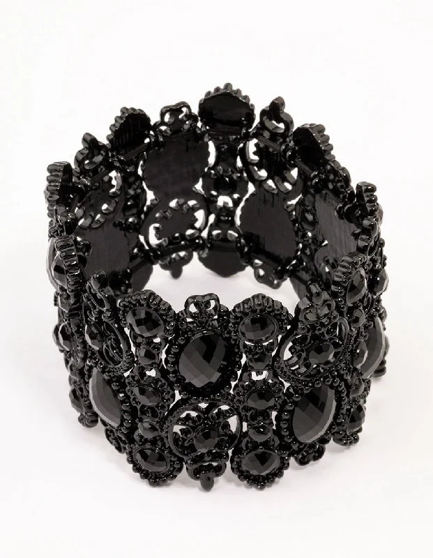 Women's Mother's Day bangles-Black Lace Pattern & Diamante Stretch Bracelet