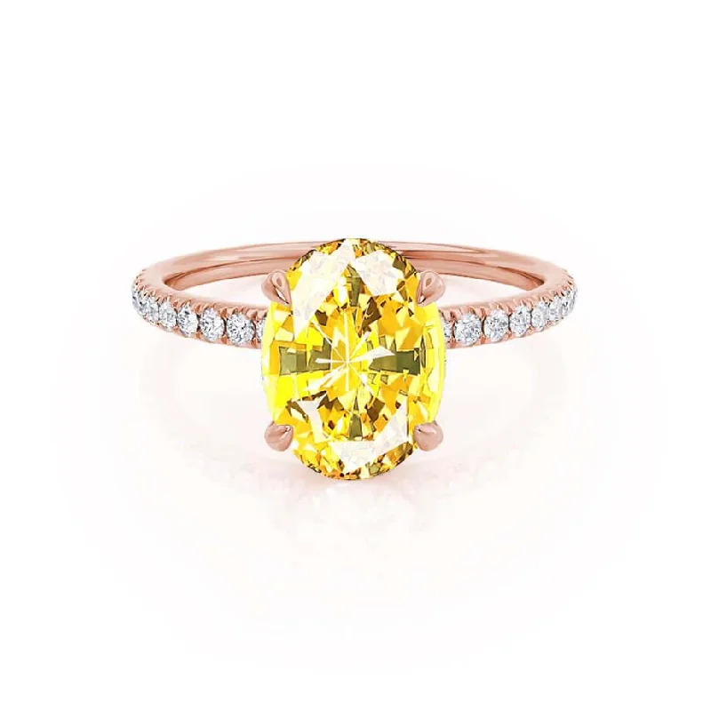 Women's graduation rings-LIVELY - Chatham® Oval Yellow Sapphire 18k Rose Gold Petite Hidden Halo Pavé Shoulder Set Ring